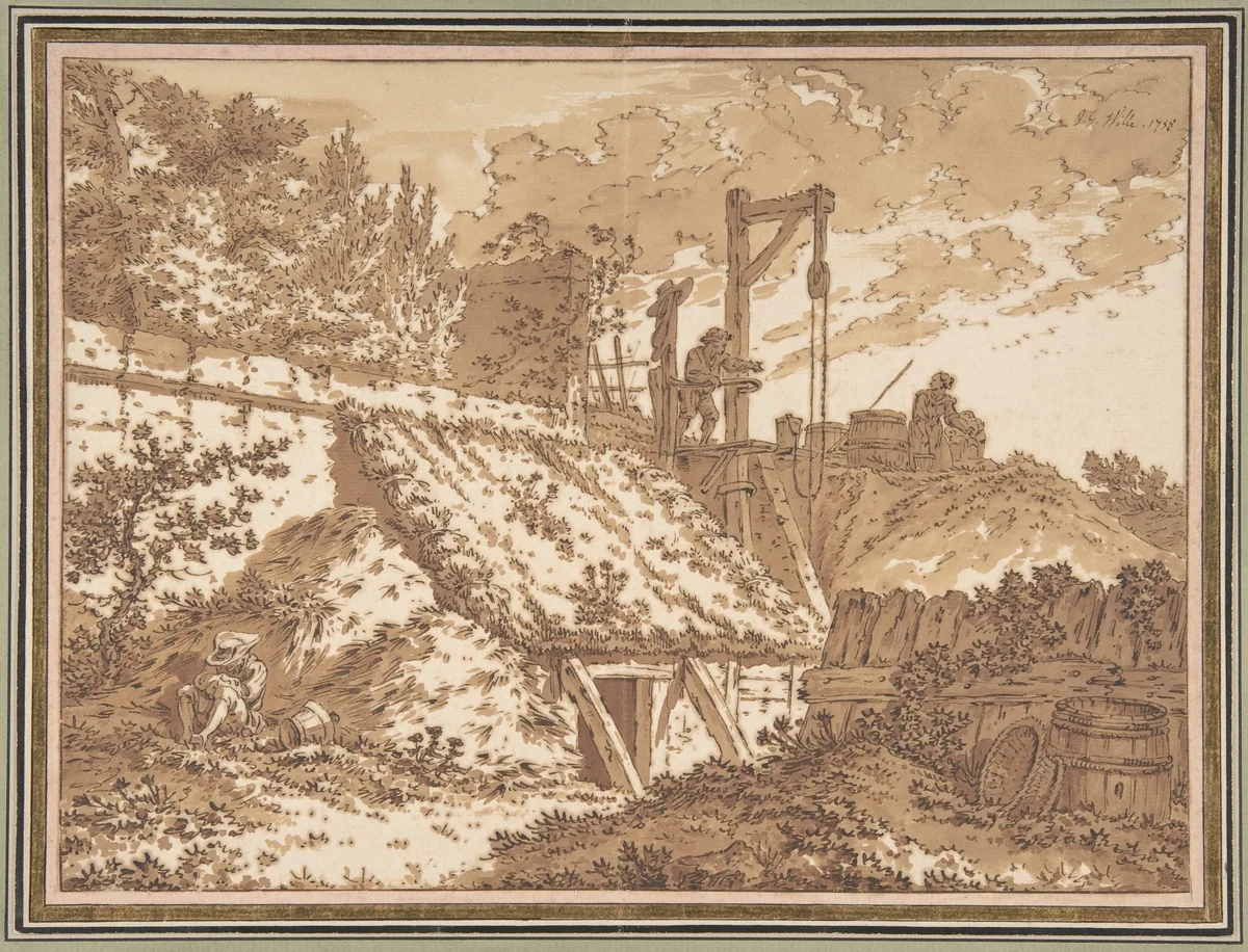 Peasants Around a Well by Johann Georg Wille, drawing, 1758