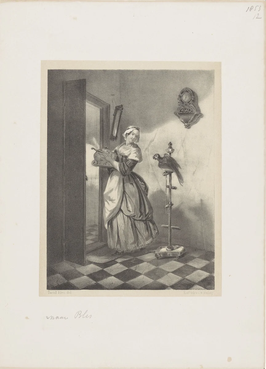 Vrouw met soepterrine en papegaai by anonymous, print, 1831-1899