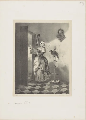 Vrouw met soepterrine en papegaai by anonymous, print, 1831-1899