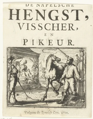 Titelblad voor het pamflet: De Napelsche Hengst, Visscher en Pikeur, 1701 by Romeyn de Hooghe, print, 1701