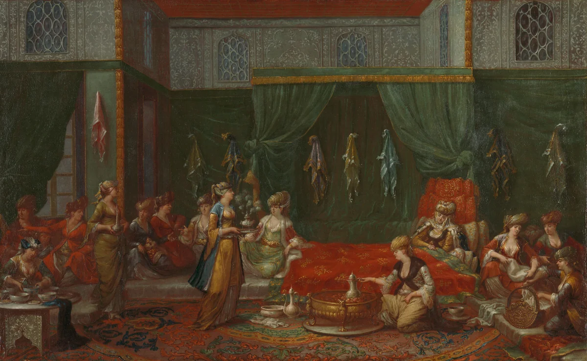Kraamkamer van een voorname Turkse vrouw by Jean Baptiste Vanmour, painting, 1720-1737
