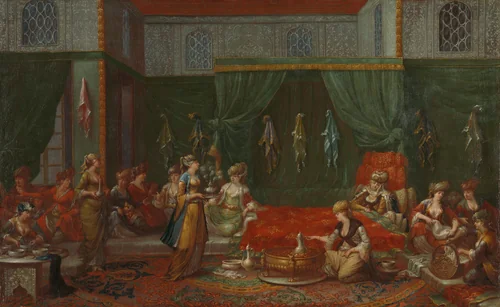 Kraamkamer van een voorname Turkse vrouw by Jean Baptiste Vanmour, painting, 1720-1737