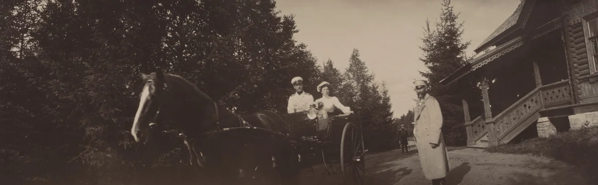 Grand Duke Mikhail Alexandrovich and His Sister, Grand Duchess Olga Alexandrovna on a Carriage, Gatchino by Unidentified Photographer, photograph, 1903