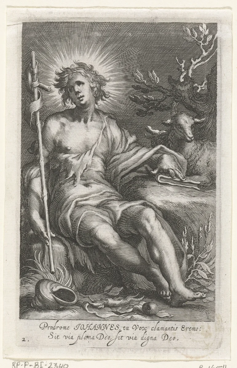Heilige Johannes de Doper als kluizenaar by Boëtius Adamsz. Bolswert, print, 1590-1612