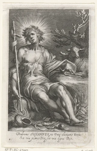 Heilige Johannes de Doper als kluizenaar by Boëtius Adamsz. Bolswert, print, 1590-1612
