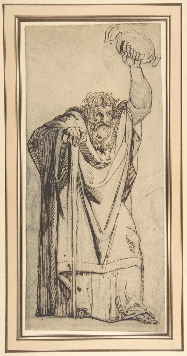 Study for the Prophet Jeremiah (recto); Studies of a Horse Seen from Below and of a Man Seated on a Chair, Probably a Self-Portrait and an Off-Print in Brown Ink of a Nude Female Abdomen and Legs (verso) by Henry Fuseli, drawing, 1764-1770