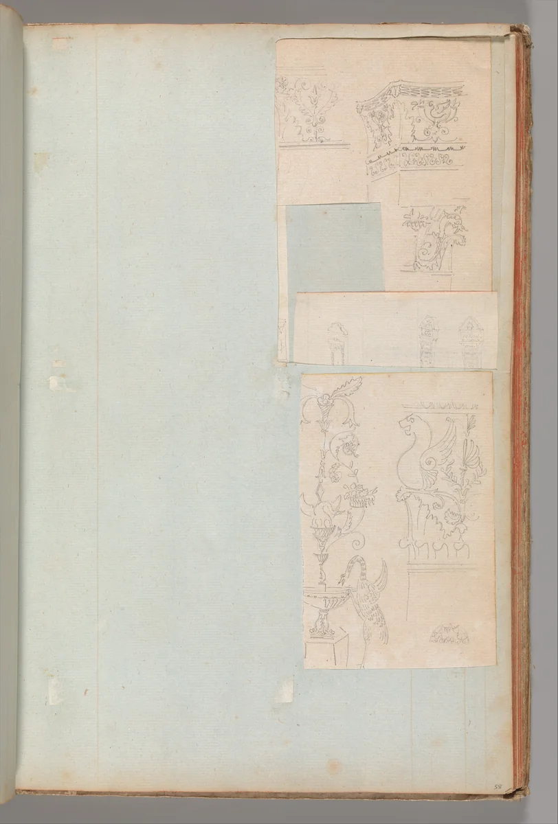Page from a Scrapbook containing Drawings and Several Prints of Architecture, Interiors, Furniture and Other Objects by Charles Percier, book, 1795-1805