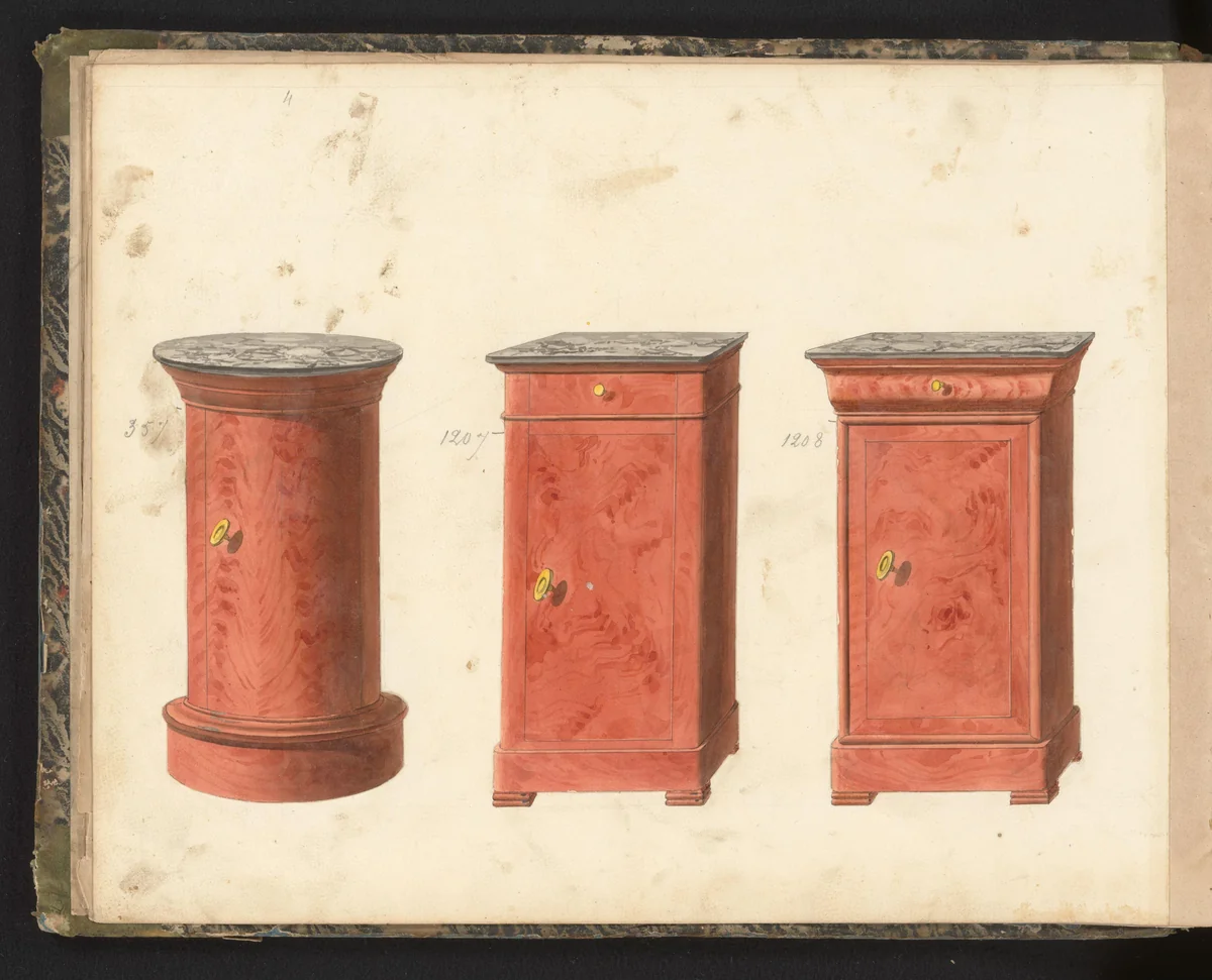 Drie ontwerpen voor nachtkastjes by anonymous, drawing, 1825-1839