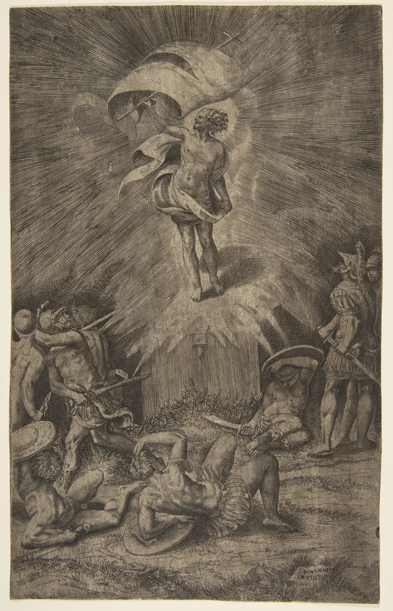 The resurrection of Christ, holding a banner in his right hand, soldiers surrounding the tomb, some falling away by Giulio Bonasone, print, 1561