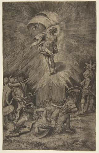 The resurrection of Christ, holding a banner in his right hand, soldiers surrounding the tomb, some falling away by Giulio Bonasone, print, 1561