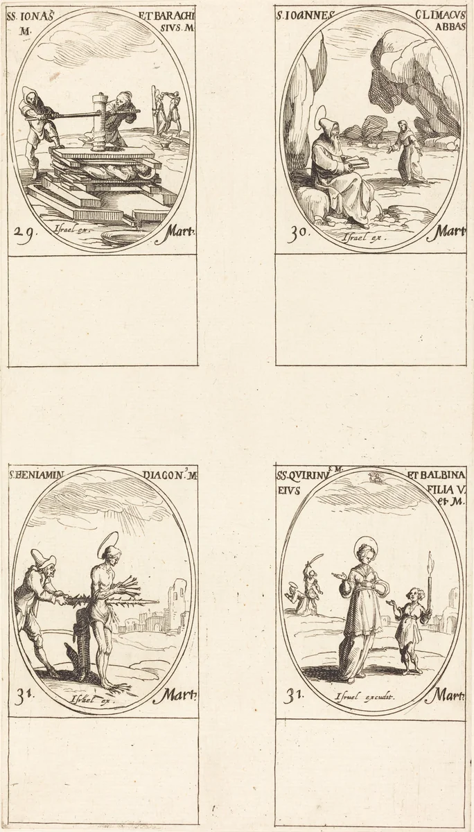 Sts. Jonas & Barachisius; St. John Climacus, Abbot; St. Benjamin; Sts. Quirinus & Bal by Jacques Callot, print, 1627-1637