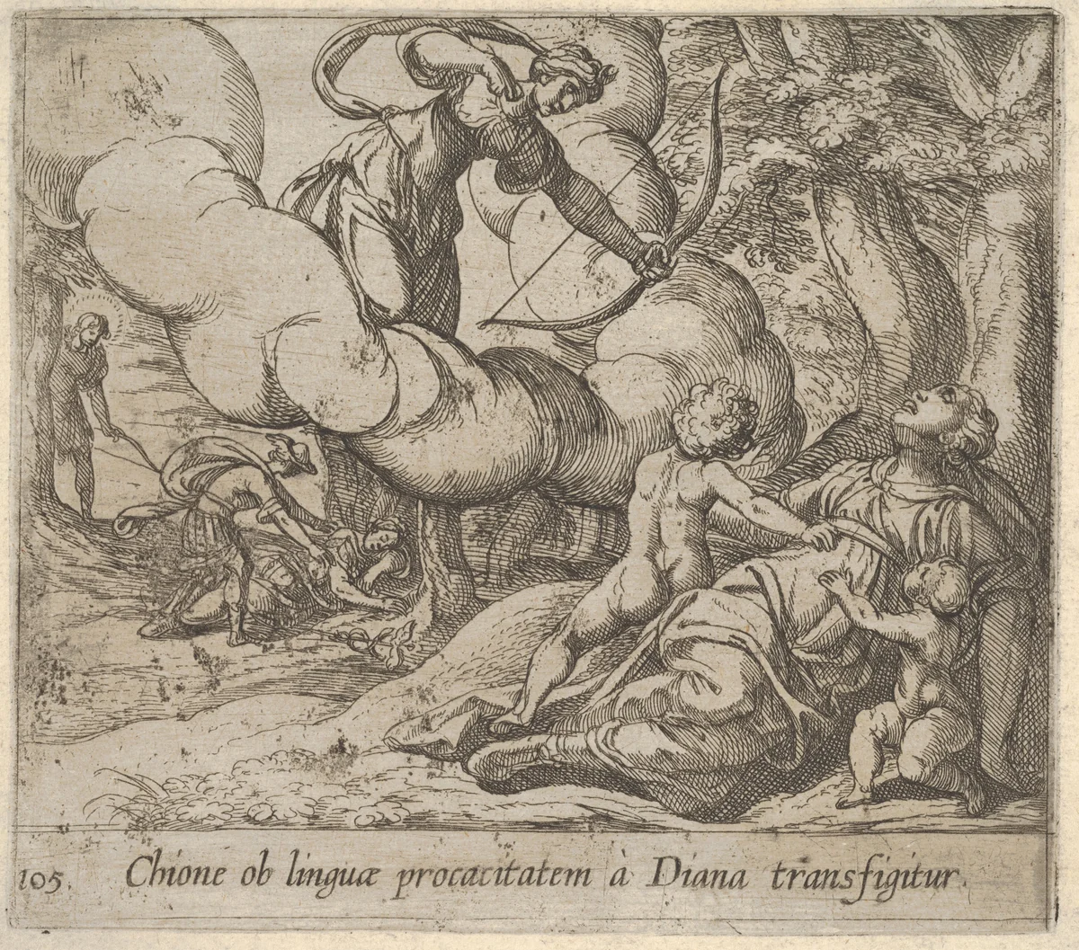 Plate 105: Diana aiming her bow toward Chione, who is accompanied by two children, in another scene at left Mercury approaches the sleeping Chione, from "The Metamorphoses of Ovid" by Antonio Tempesta, print, 1606