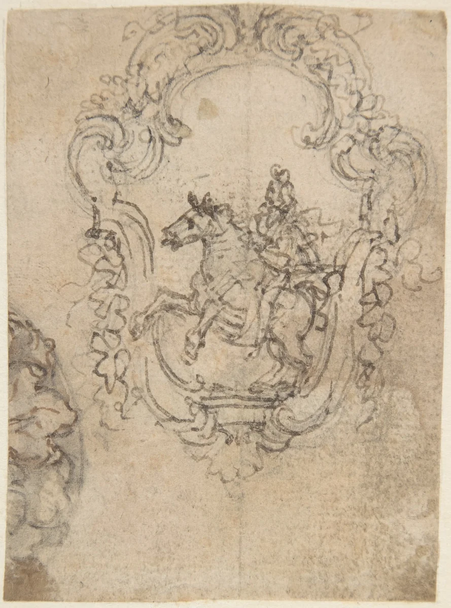 Design for an Equestrian Statue in a Cartouche (recto); Sketches for a Frieze with Sea-Shells and Floral Ornament (verso) by Giovanni Battista Foggini, drawing, 1652-1725