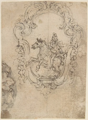Design for an Equestrian Statue in a Cartouche (recto); Sketches for a Frieze with Sea-Shells and Floral Ornament (verso) by Giovanni Battista Foggini, drawing, 1652-1725