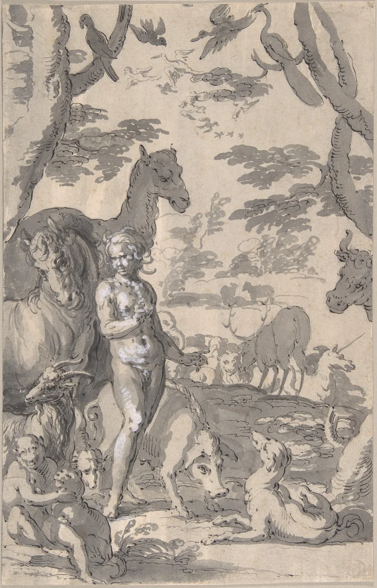 Adam in the Garden of Eden, Naming the Animals by Joachim Wtewael, drawing, 1605-1610