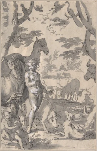 Adam in the Garden of Eden, Naming the Animals by Joachim Wtewael, drawing, 1605-1610