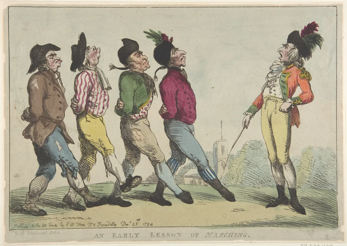 An Early Lesson of Marching by Thomas Rowlandson, print, 1794