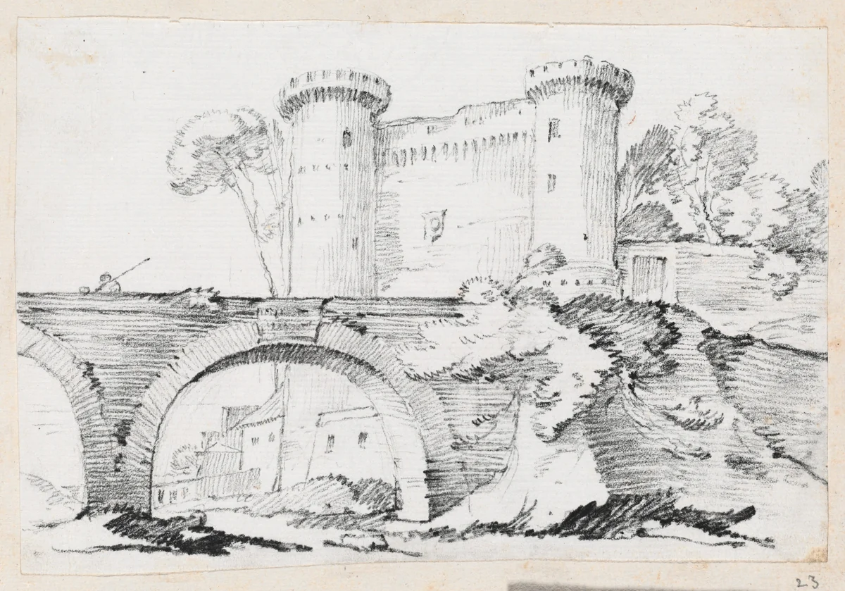 A Stone Bridge and the Fortified Entrance to a Town by Joseph-Marie Vien, drawing, 1744-1750