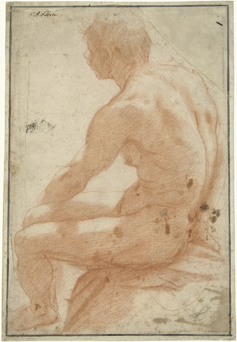 Modelstudie van een zittende man by Pietro Sorri, drawing, 1609-1614