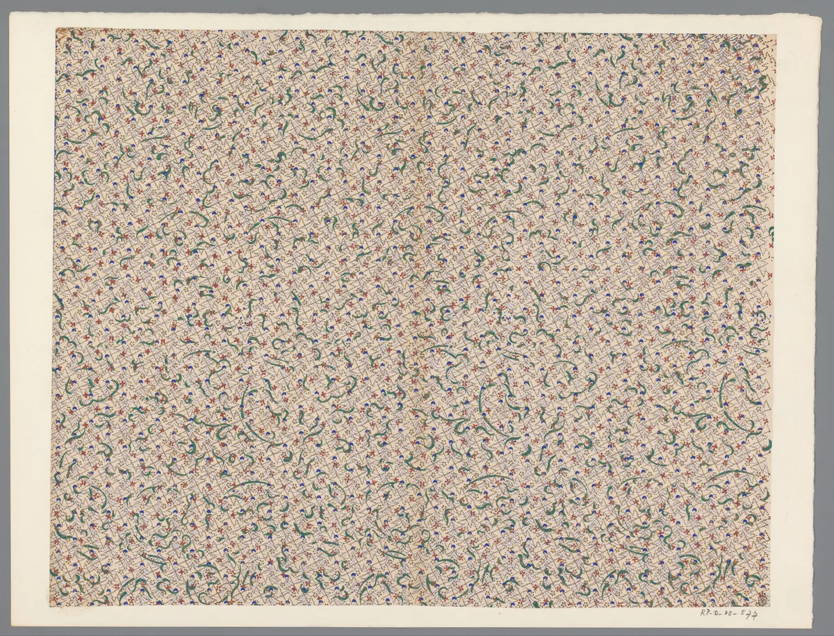 Blad met strooipatroon van bladmotief onder patroon van stippellijnen by anonymous, print, 1800-1900