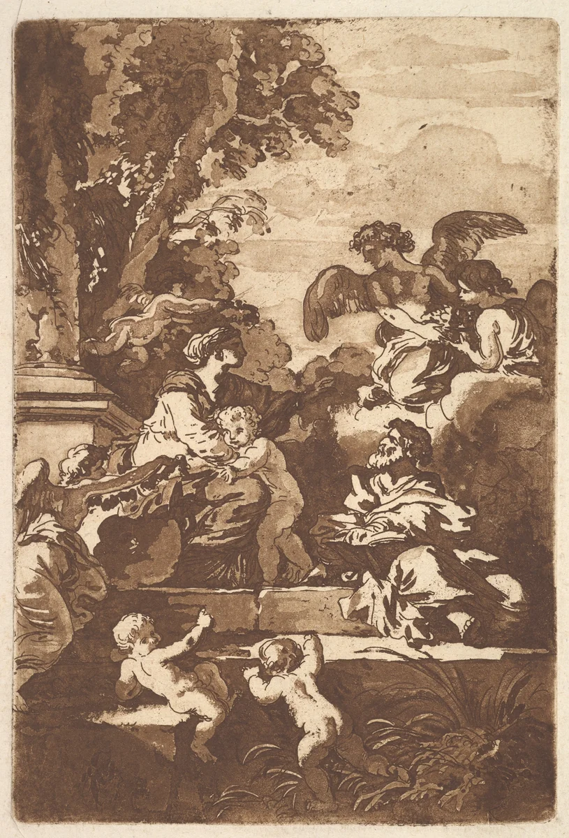 The Holy Family with Angels, in an album containing Recueil de Compositions par Lagrenée Le Jeune (Collection of Compositions by Lagrenée the Younger) by Jean Jacques Lagrenée, print, 1782-1821