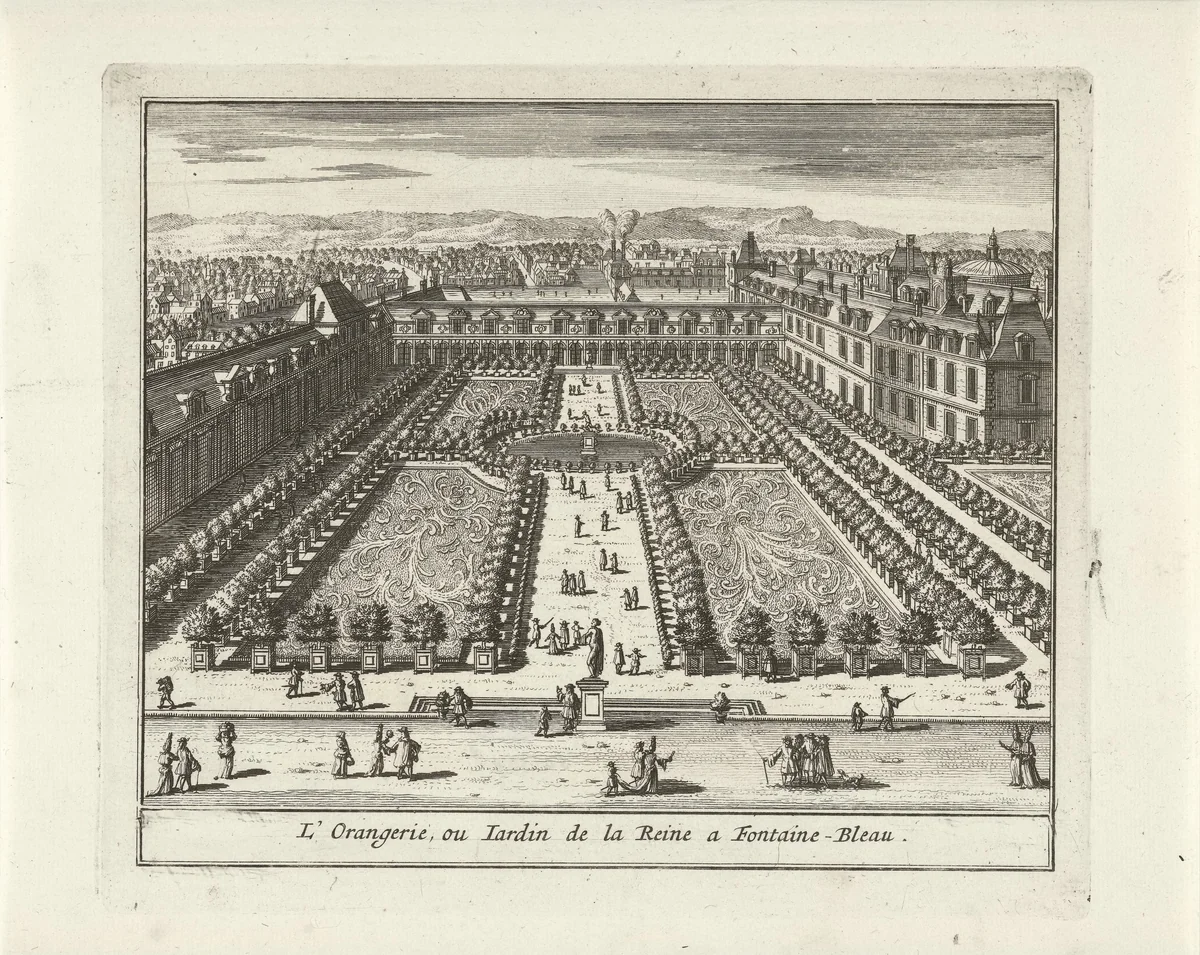 Gezicht op de Orangerie en Cour de la Fontaine van paleis van Fontainebleau by Jan Lamsvelt, print, 1726-1743