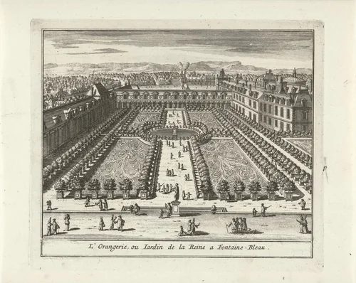 Gezicht op de Orangerie en Cour de la Fontaine van paleis van Fontainebleau by Jan Lamsvelt, print, 1726-1743