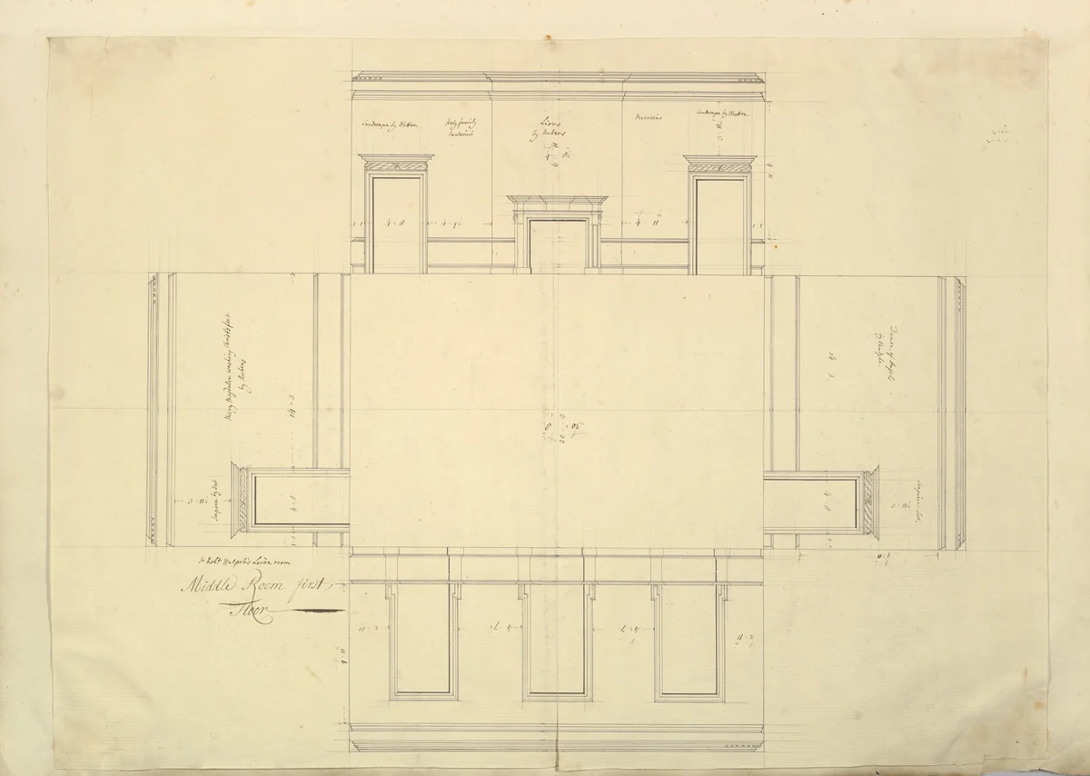 Treasury House, 10 Downing Street, London: Plan of the Great Middle Room (Sir Robert Walpole's Levee Room, Northwest Corner, First Floor) by Isaac Ware, drawing, 1732-1735