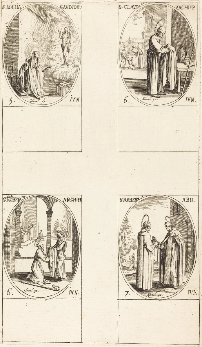St. Maria Gaudioru; St. Cladius; St. Norbert; St. Robert by Jacques Callot, print, 1627-1637