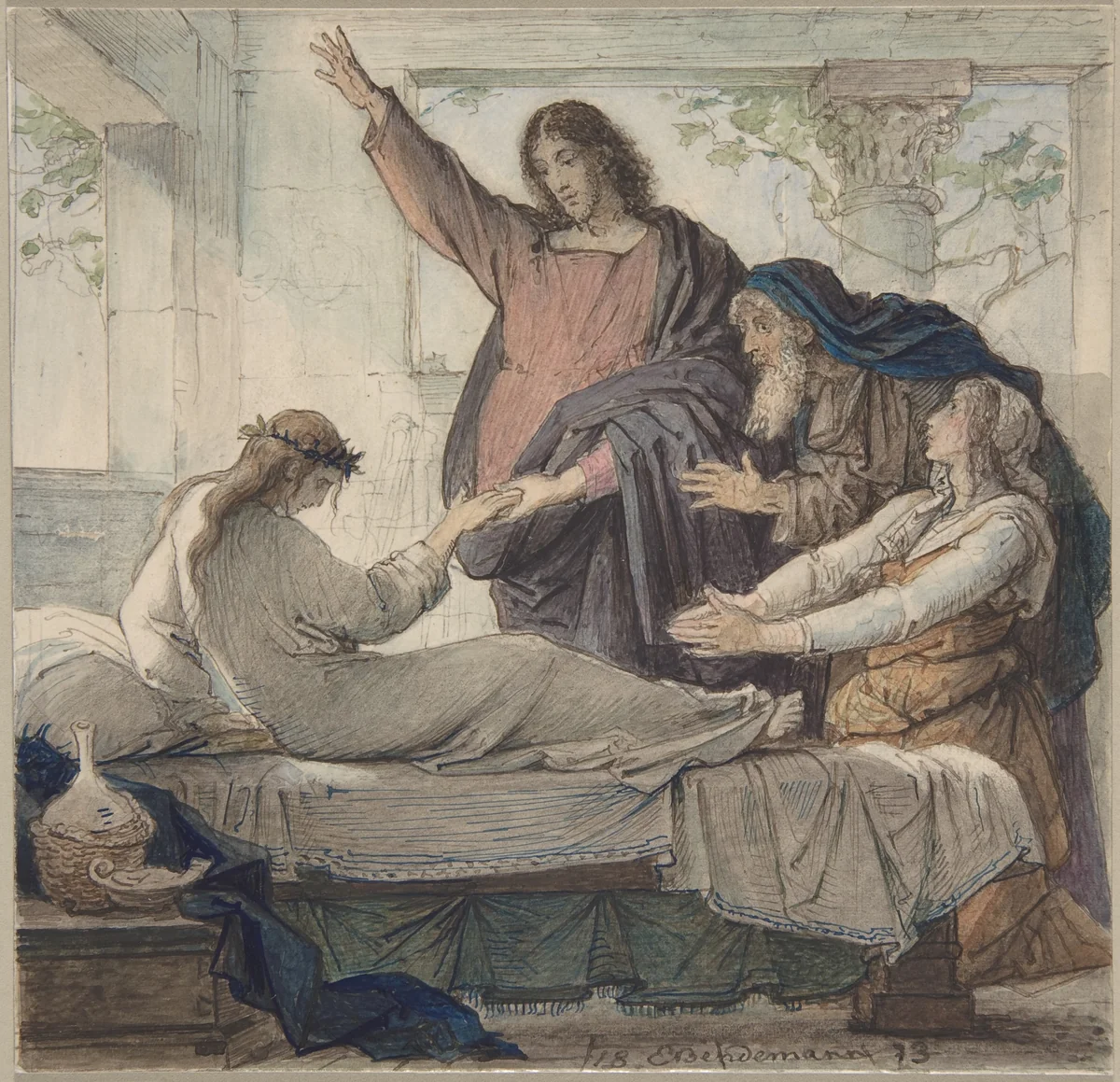 The Raising of the Daughter of Jairus by Eduard Julius Friedrich Bendemann, drawing, 1873