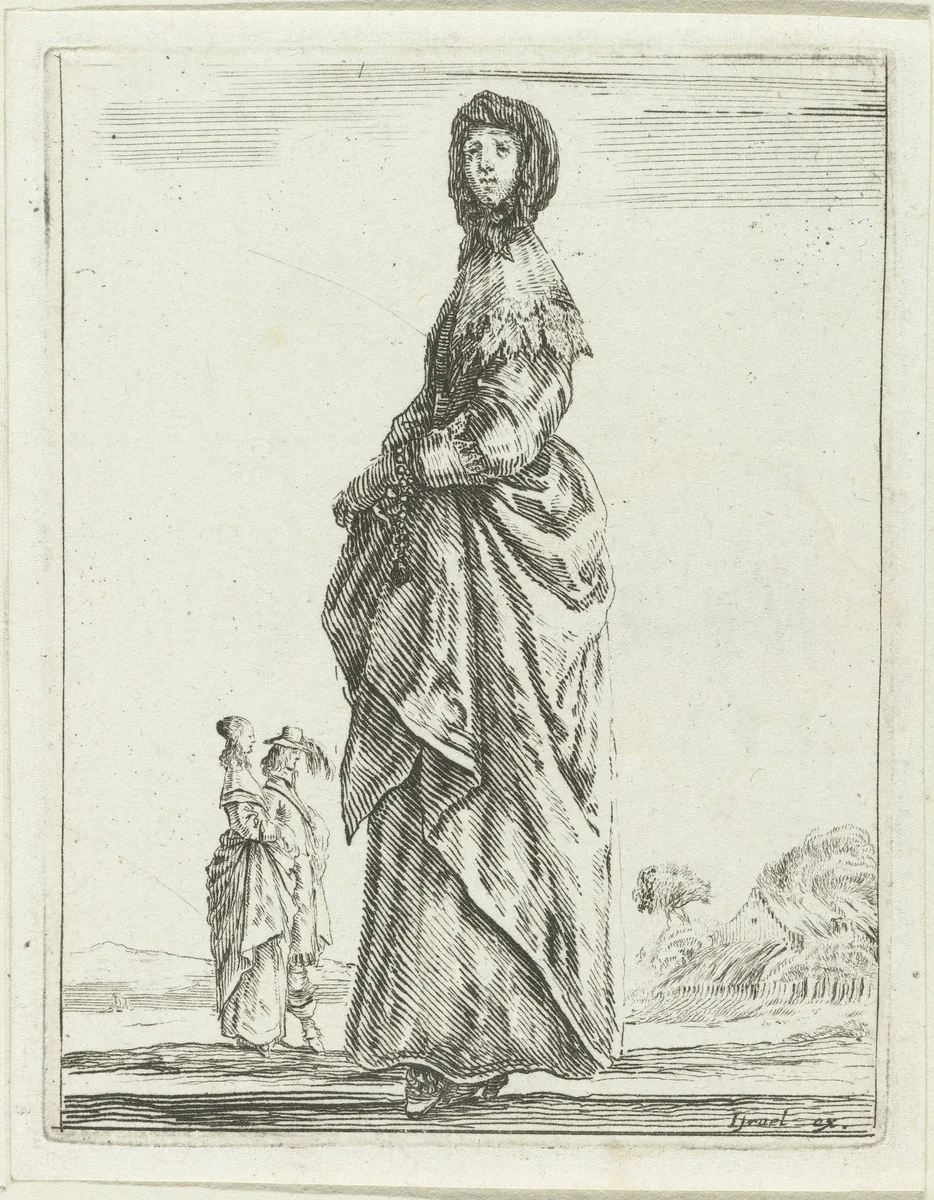 Jonge vrouw gekleed volgens de mode van ca. 1650, naar links by Stefano della Bella, print, 1620-1664