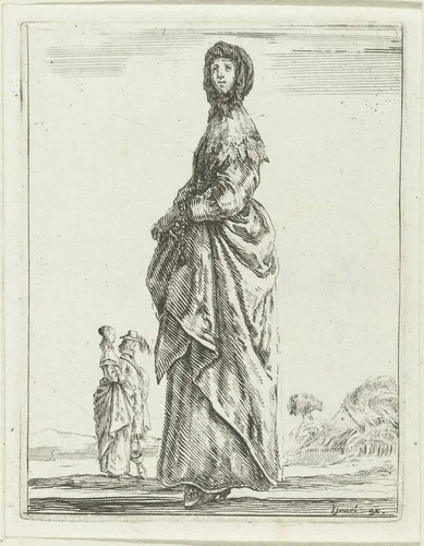 Jonge vrouw gekleed volgens de mode van ca. 1650, naar links by Stefano della Bella, print, 1620-1664