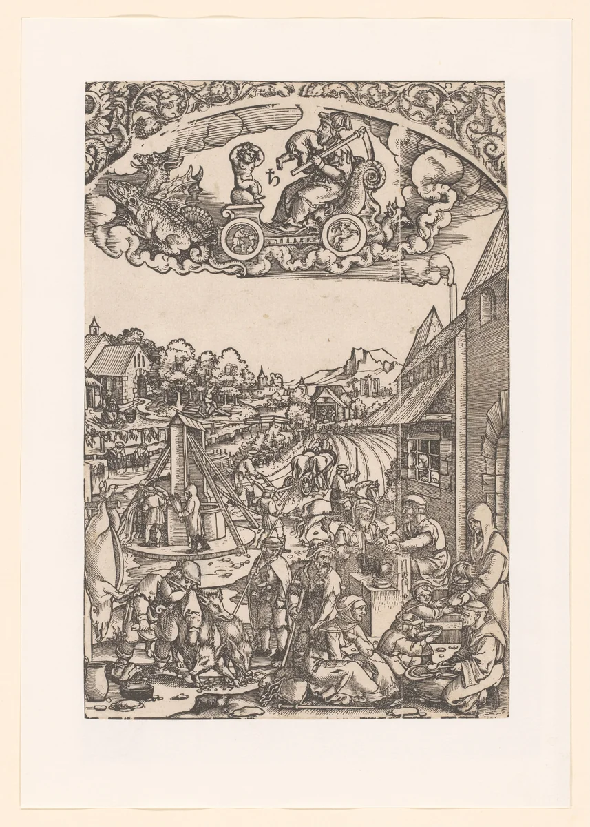 Saturnus in zijn triomfwagen, daaronder zijn planeetkinderen by anonymous, print, 1510-1550