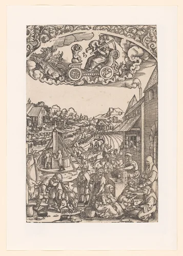 Saturnus in zijn triomfwagen, daaronder zijn planeetkinderen by anonymous, print, 1510-1550