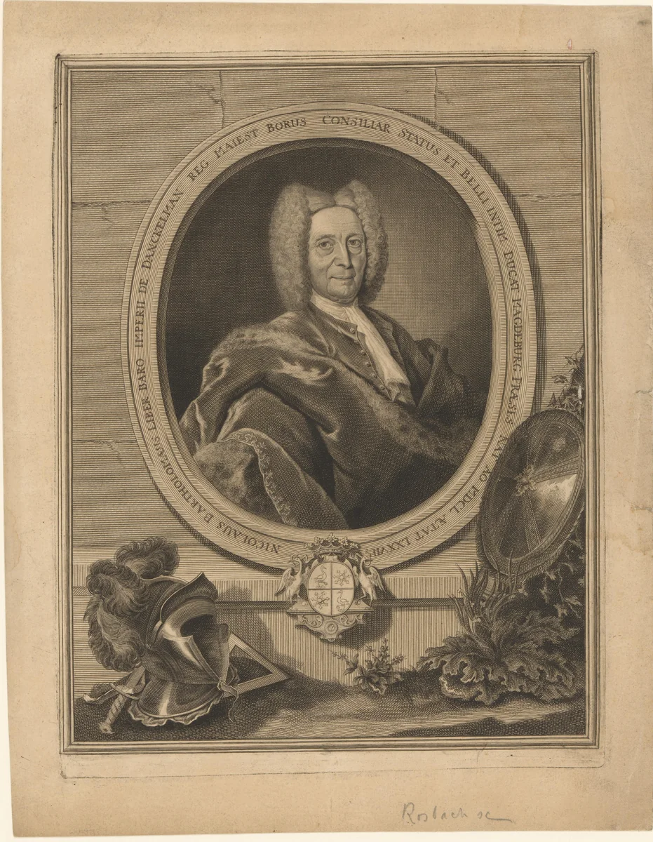 Portret van Nikolaus Bartholomäus von Danckelmann by Johann Friedrich Rosbach, print, 1727-1749