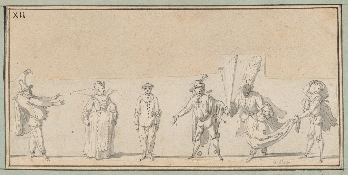 Six Studies of Commedia dell'Arte Actors: Polchinelle, Columbine, Pierrot, a Captain, Harlequin "en femme," and Scaramouche by Claude Gillot, drawing, 1700-1722