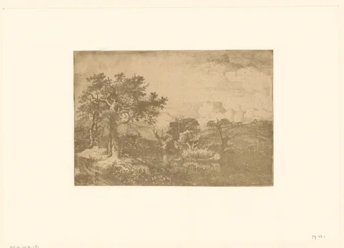 Heuvelachtig landschap met bomen en een windmolen rondom een poel bij Deopham by John Crome, print, 1813
