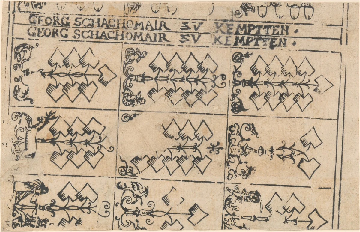 Sheet of Playing Cards by Georg Schachomair, print, 1575-1600