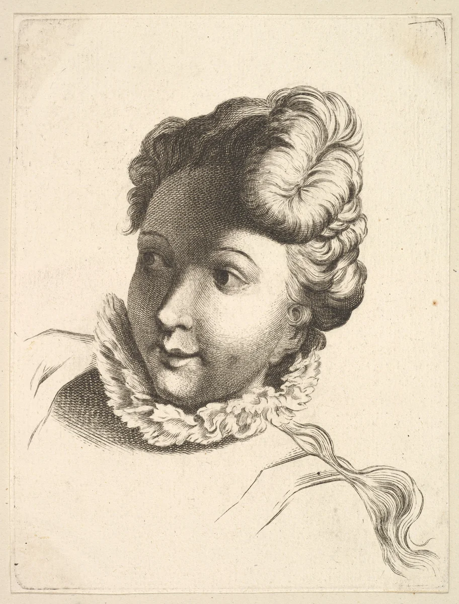 Head of a Woman Wearing a Ruff, from "Livre de Têtes Gravées d'apres F. Boucher et Autres" (Book of Heads Engraved after F. Boucher and Others) by anonymous, print, 1740-1780
