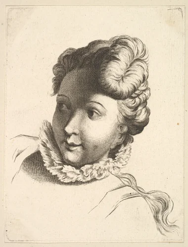 Head of a Woman Wearing a Ruff, from "Livre de Têtes Gravées d'apres F. Boucher et Autres" (Book of Heads Engraved after F. Boucher and Others) by anonymous, print, 1740-1780