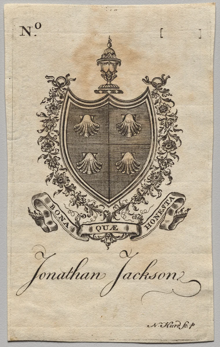 Bookplate: Coat of Arms with Jonathan Jackson inscribed by Nathaniel Hurd, print
