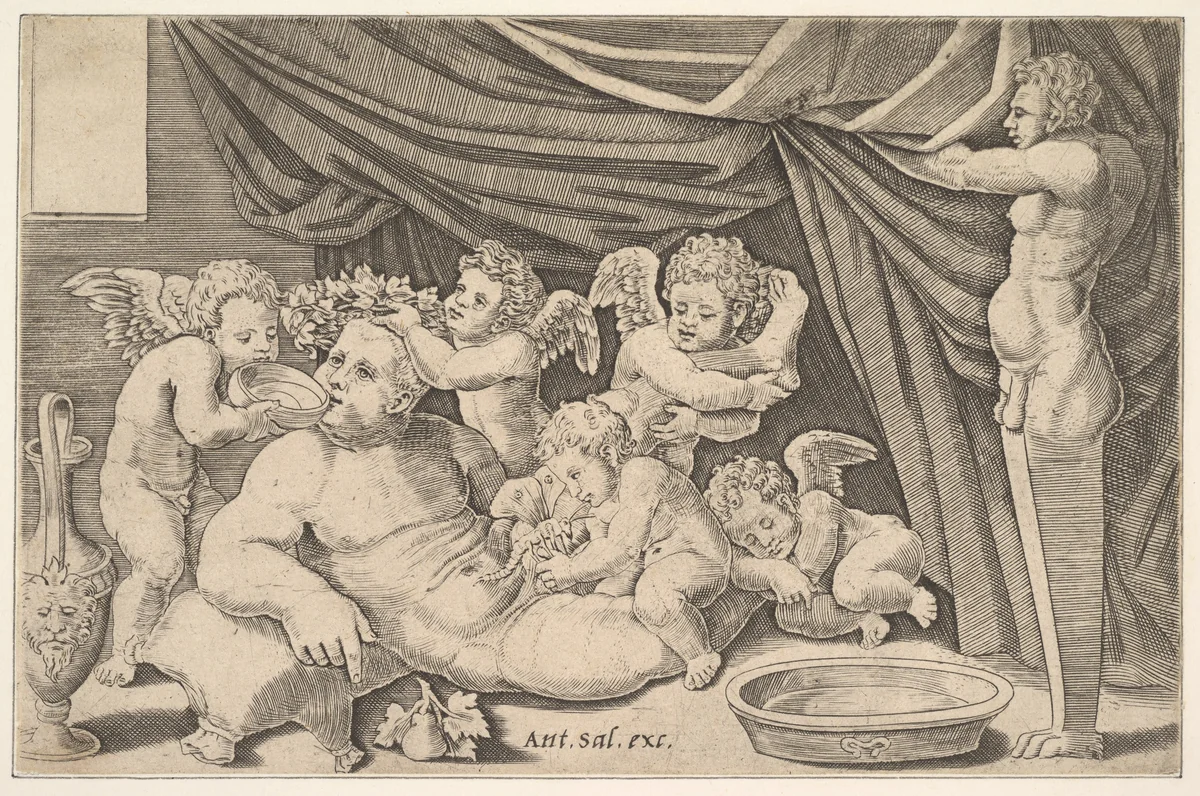 Bacchus surrounded by Putti, a statue of Priapus at right by Master of the Die, print, 1530-1560