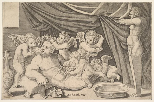 Bacchus surrounded by Putti, a statue of Priapus at right by Master of the Die, print, 1530-1560
