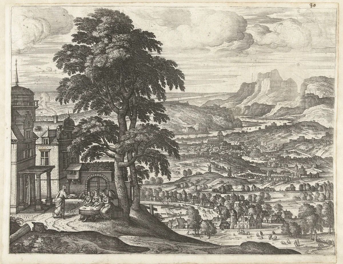 Abraham voedt de drie engelen by Unknown, print, 1586