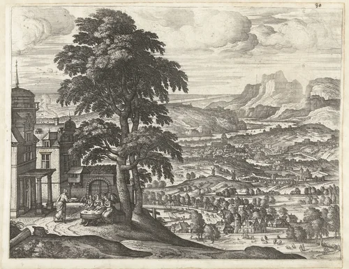 Abraham voedt de drie engelen by Unknown, print, 1586