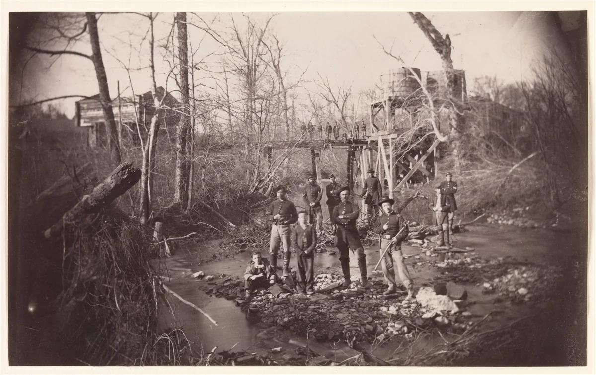 [Soldiers in Creek, Below Orange and Alexandria Rail Road Bridge Across Bull Run, Virginia] by Andrew Joseph Russell, photograph, 1861-1865