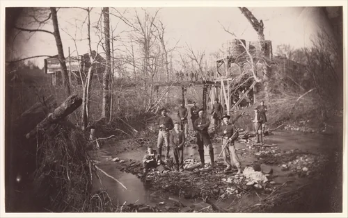 [Soldiers in Creek, Below Orange and Alexandria Rail Road Bridge Across Bull Run, Virginia] by Andrew Joseph Russell, photograph, 1861-1865