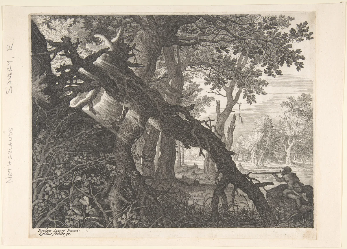 A Forest with a Rabbit Hunt by Aegidius Sadeler II, print, 1565-1629