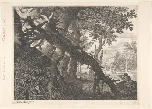 A Forest with a Rabbit Hunt by Aegidius Sadeler II, print, 1565-1629