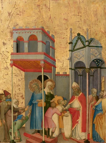Joachim and Anna Giving Food to the Poor and Offerings to the Temple by Andrea di Bartolo, painting, 1400-1405
